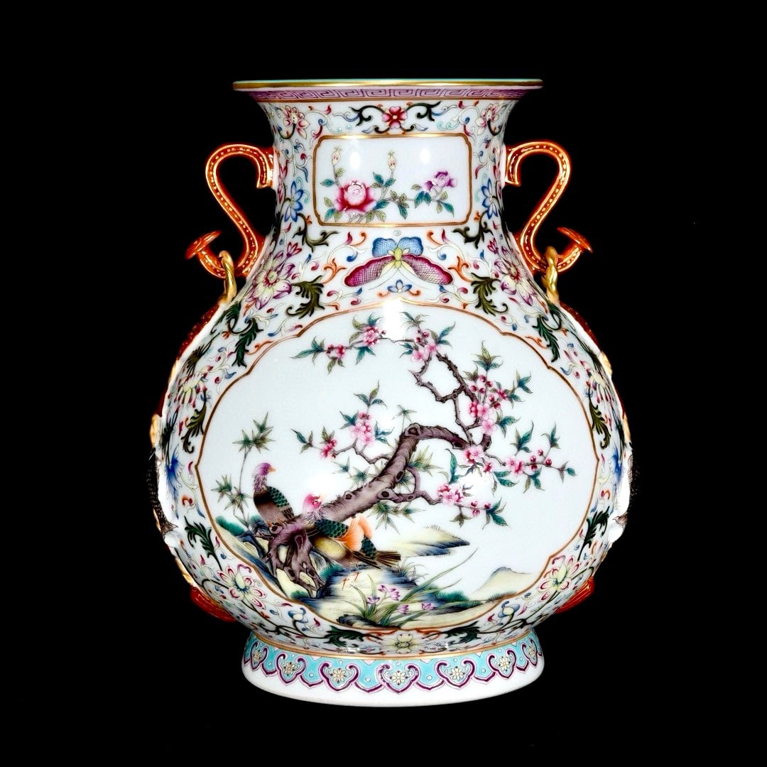 A Rare Famille-Rose Flower and Bird Pattern Double-Ears Vase: A Rare Famille-Rose Flower and Bird Pattern Double-Ears Vase,Qing Dynasty,China,Qianlong Six-Character Mark,Size:12.4inx10.6in 
