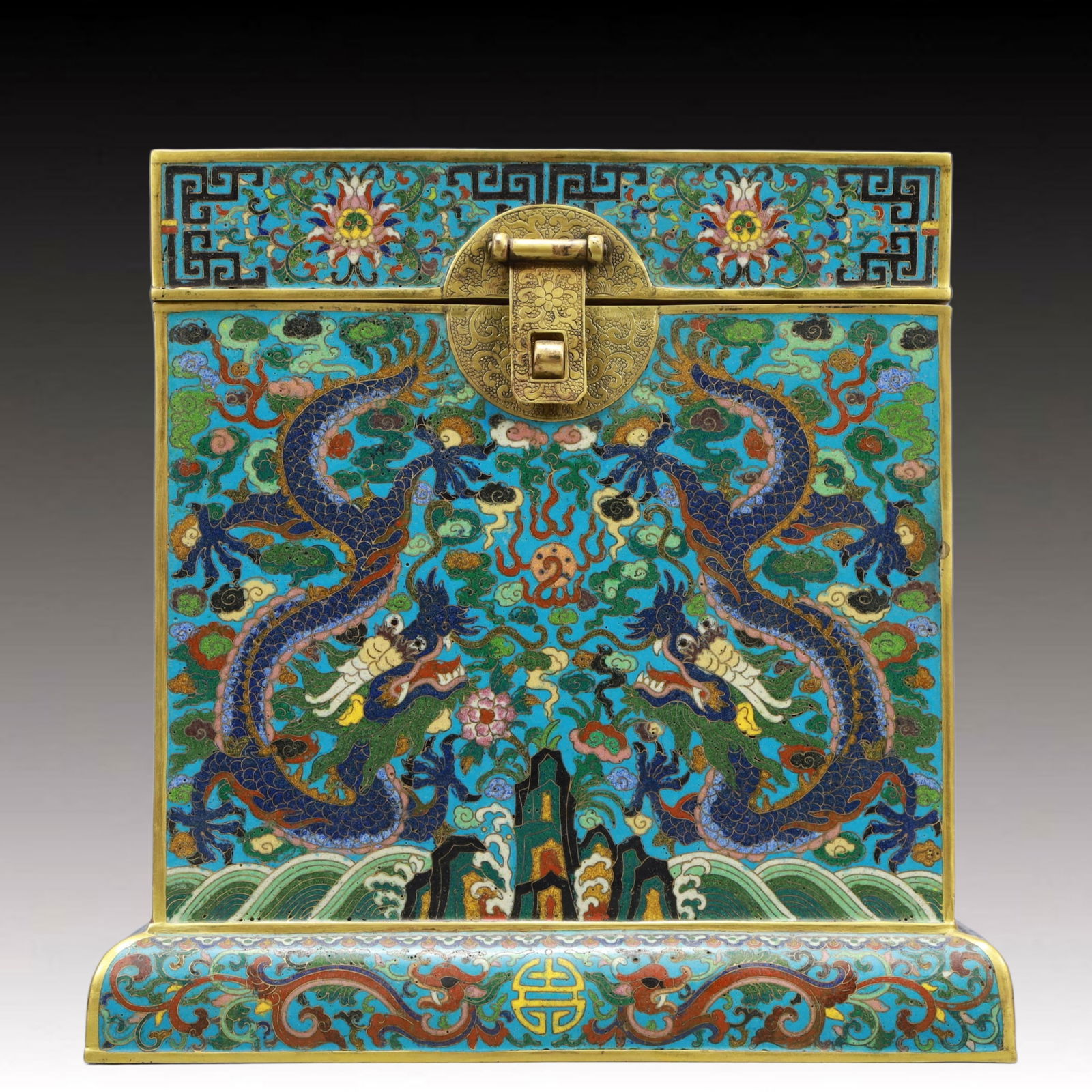 An Exquisite Cloisonne Lotus Auspicious Cloud and Dragon Pattern Box: An Exquisite Cloisonne Lotus Auspicious Cloud and Dragon Pattern Box,Qing Dynasty, China, Qianlong Four-character Mark,Size:11.8inx10.4inx11.8inWeight:8400g 