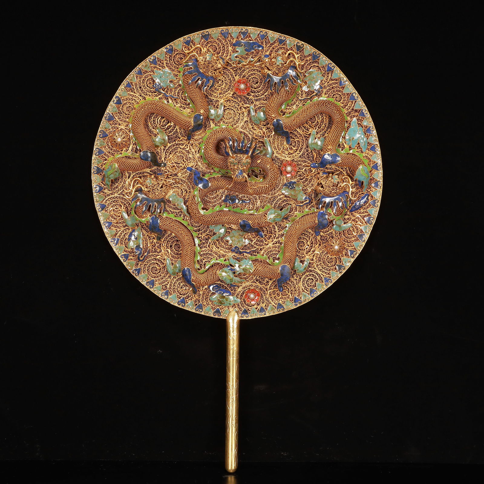 A Rare Cloisonne Gilt Dragon Pattern Fan,Inlaid Gems: A Rare Cloisonne Gilt Dragon Pattern Fan,Inlaid Gems,Qing Dynasty, China,Qianlong Four-character Mark,Size:16.5inx10.6in,Weight:1150g 