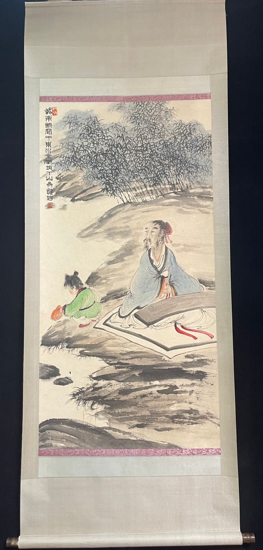 A Chinese Vertical Scroll Ink Painting of Figure and Story on Paper: A Chinese Vertical Scroll Ink Painting of Figure and Story on Paper,Fu Baoshi,Size:26.8inx53.9in 