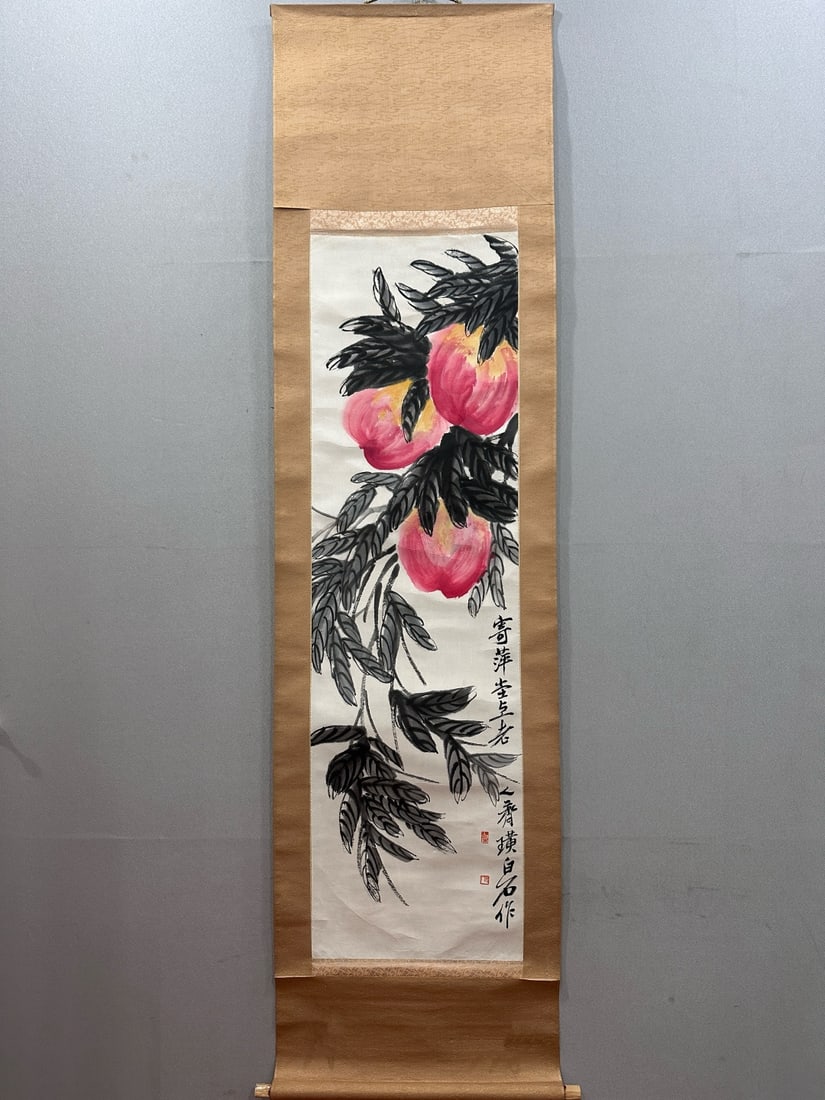 A Chinese Vertical Scroll Ink Painting of Peach on Paper (1 of 11)