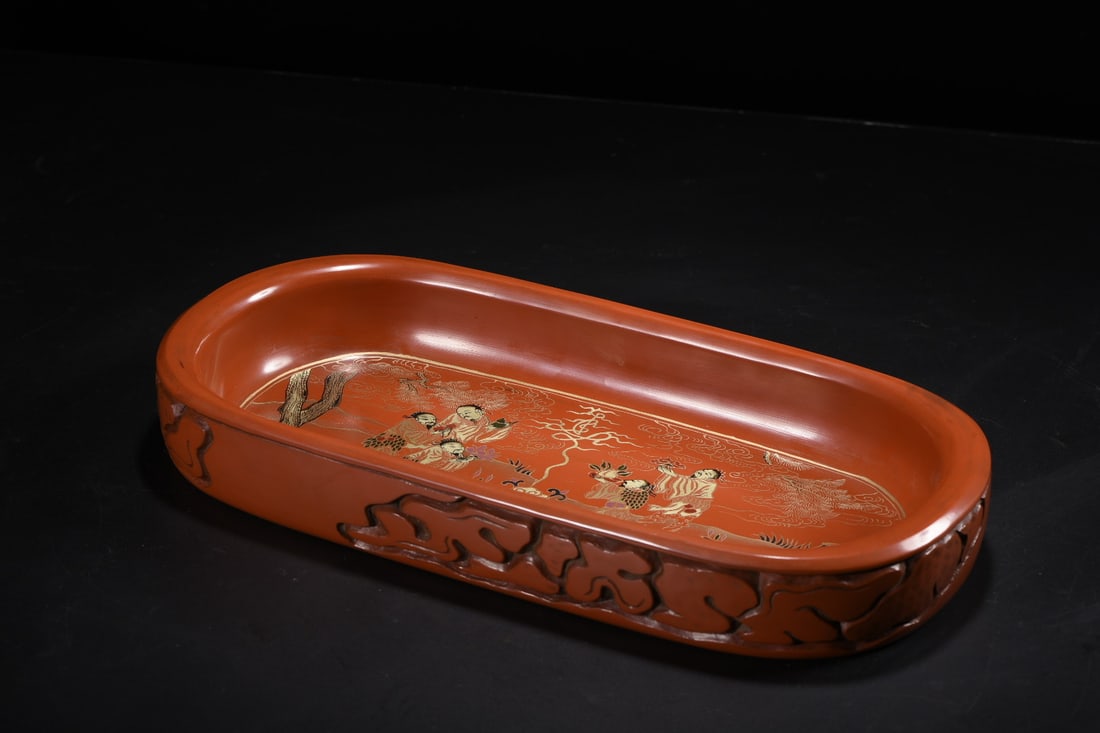 An Exquisite Carved Red Lacquer Figure Pattern Plate: An Exquisite Carved Red Lacquer Figure Pattern Plate,Qing Dynasty,China,Qianlong Six-Character Mark,Size:13inx6.3inx1.8in,Weight:425g 