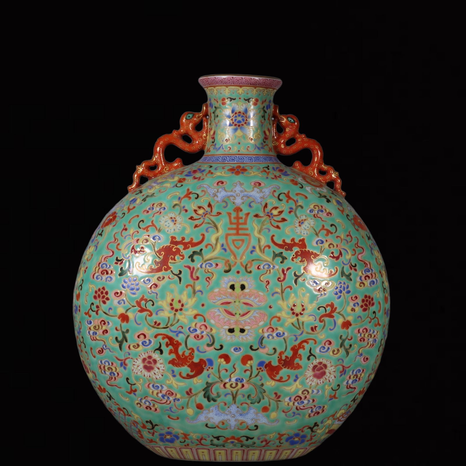 A Rare Enamel Painted Gold Bats and Peach Pattern Double-Ears Vase: A Rare Enamel Painted Gold Bats and Peach Pattern Double-Ears Vase,Qing Dynasty, China,Qianlong Six-character Mark,Size:12.3inx4.9in 