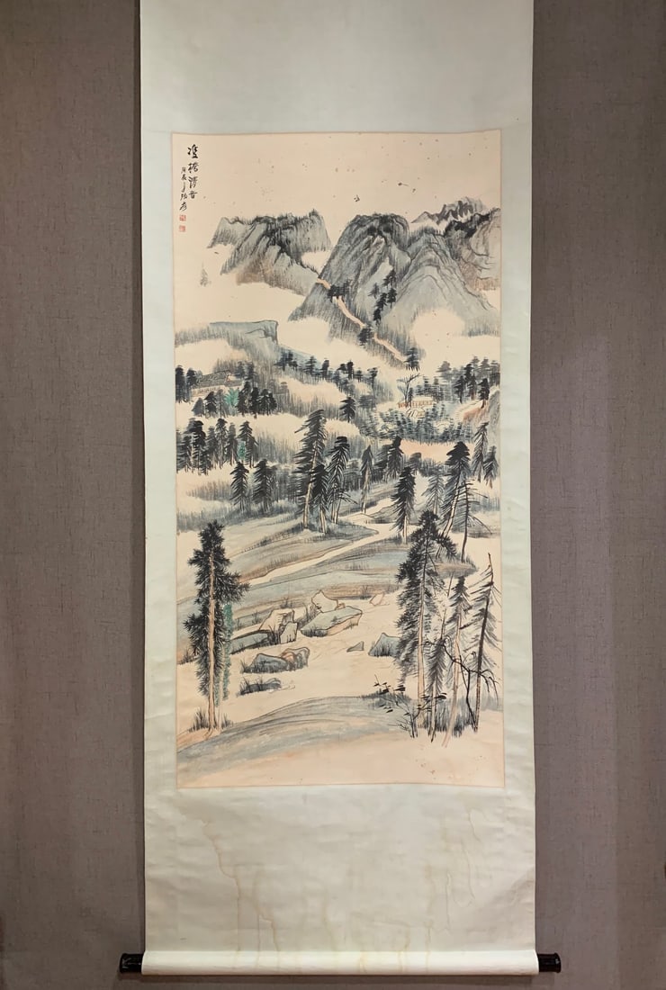 A Chinese Vertical Scroll Ink Painting of Landscape on Paper (1 of 8)