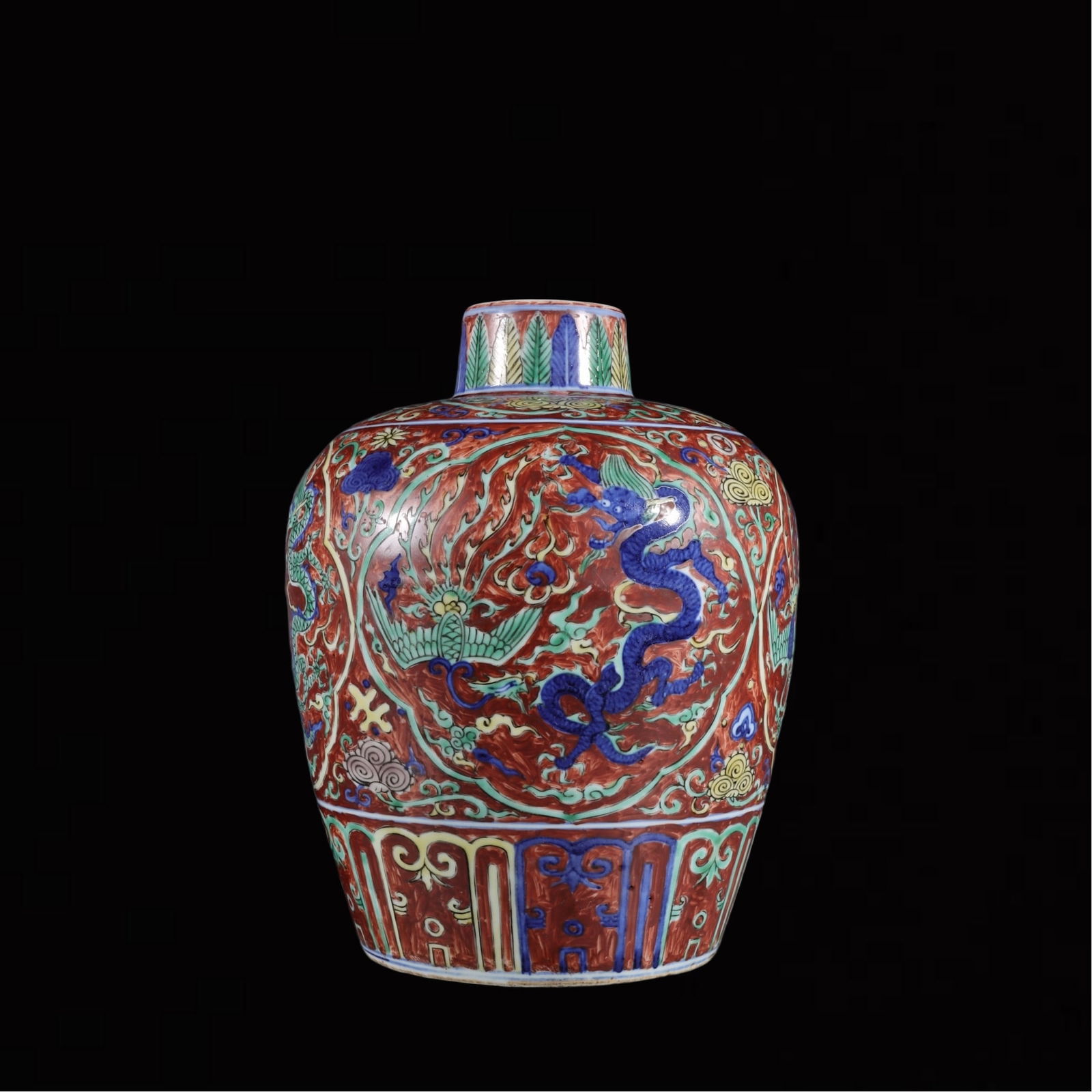 An Exquisite Blue and White Red Ground Dragon and Phoenix Pattern Vase: An Exquisite Blue and White Red Ground Dragon and Phoenix Pattern Vase,Ming Dynasty,China,Jiajing Six-Character Mark,Size:8.7inx6.7in 