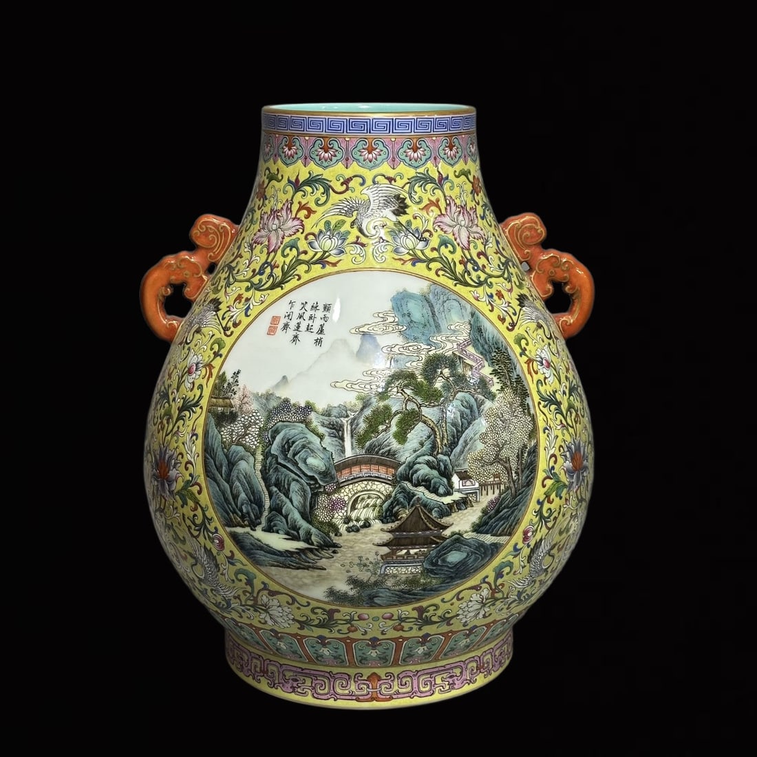 A Huge Yellow Ground Enamel Landscape Pattern Double-Ears Vase?with Poem: A Huge Yellow Ground Enamel Landscape Pattern Double-Ears Vase，with Poem ,Qing Dynasty,China,Qianlong Six-Character Mark,Size:18inx14.8in 
