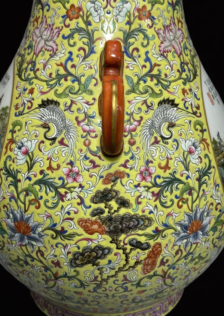 A Huge Yellow Ground Enamel Landscape Pattern Double-Ears Vase?with Poem - 6