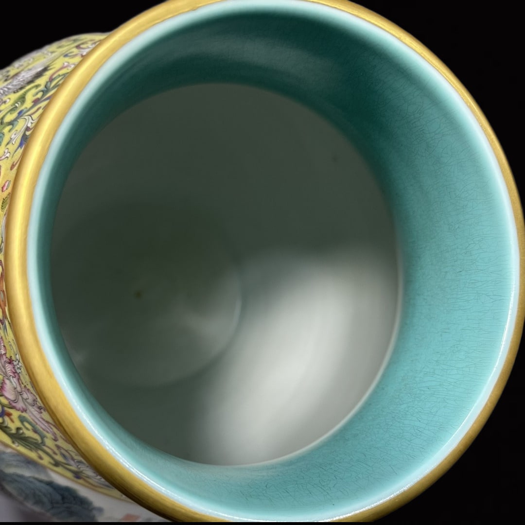 A Huge Yellow Ground Enamel Landscape Pattern Double-Ears Vase?with Poem - 7