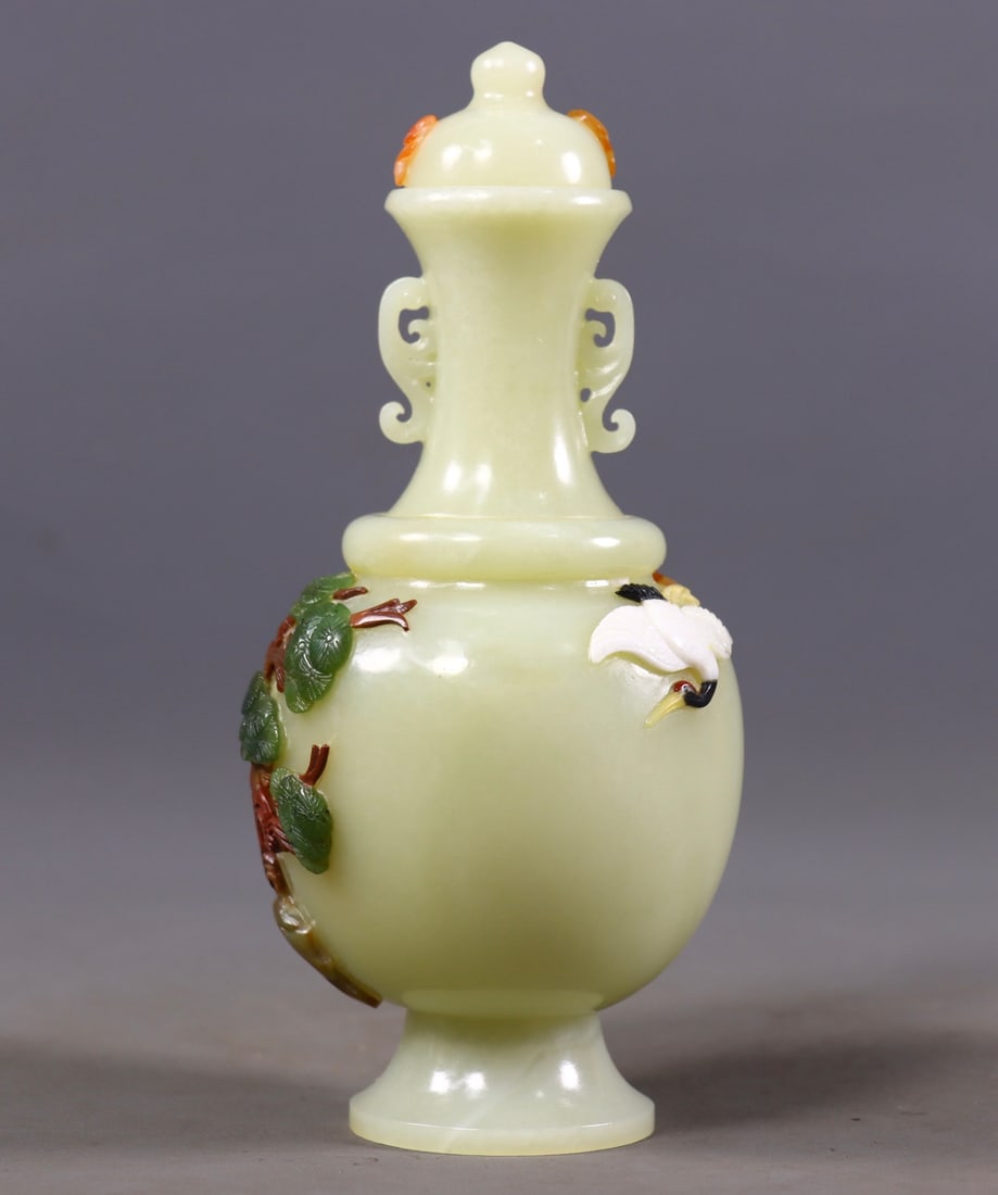 An Exquisite White Jade Pine and Crane Pattern Bottle,Inlaid Gems (1 of 10)