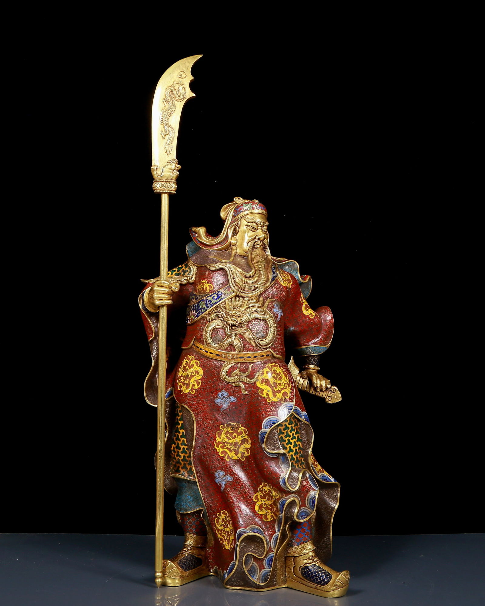 A Huge Cloisonne Statue of Guangong: A Huge Cloisonne Statue of Guangong,Qing Dynasty, China,Qianlong Four-character Mark,Size:10.2inx7.1inx26.8in,Weight:12,10kg 