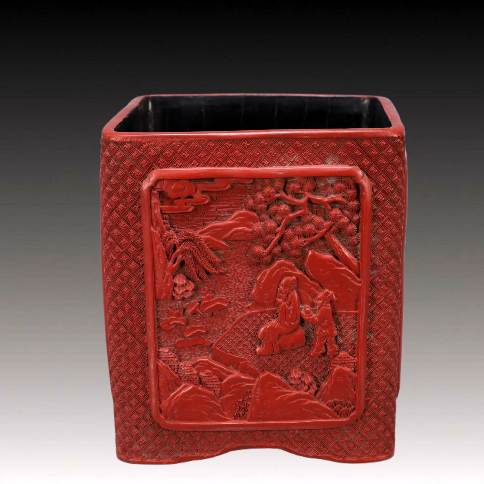 A Exquisite Carved Red Lacquer Character and Story Pattern Brush Pot: A Exquisite Carved Red Lacquer Character and Story Pattern Brush Pot , Qing Dynasty, China Qianlong Six-character Mark , Size:6.7inx6.3inx6.9in Weight:1400g 