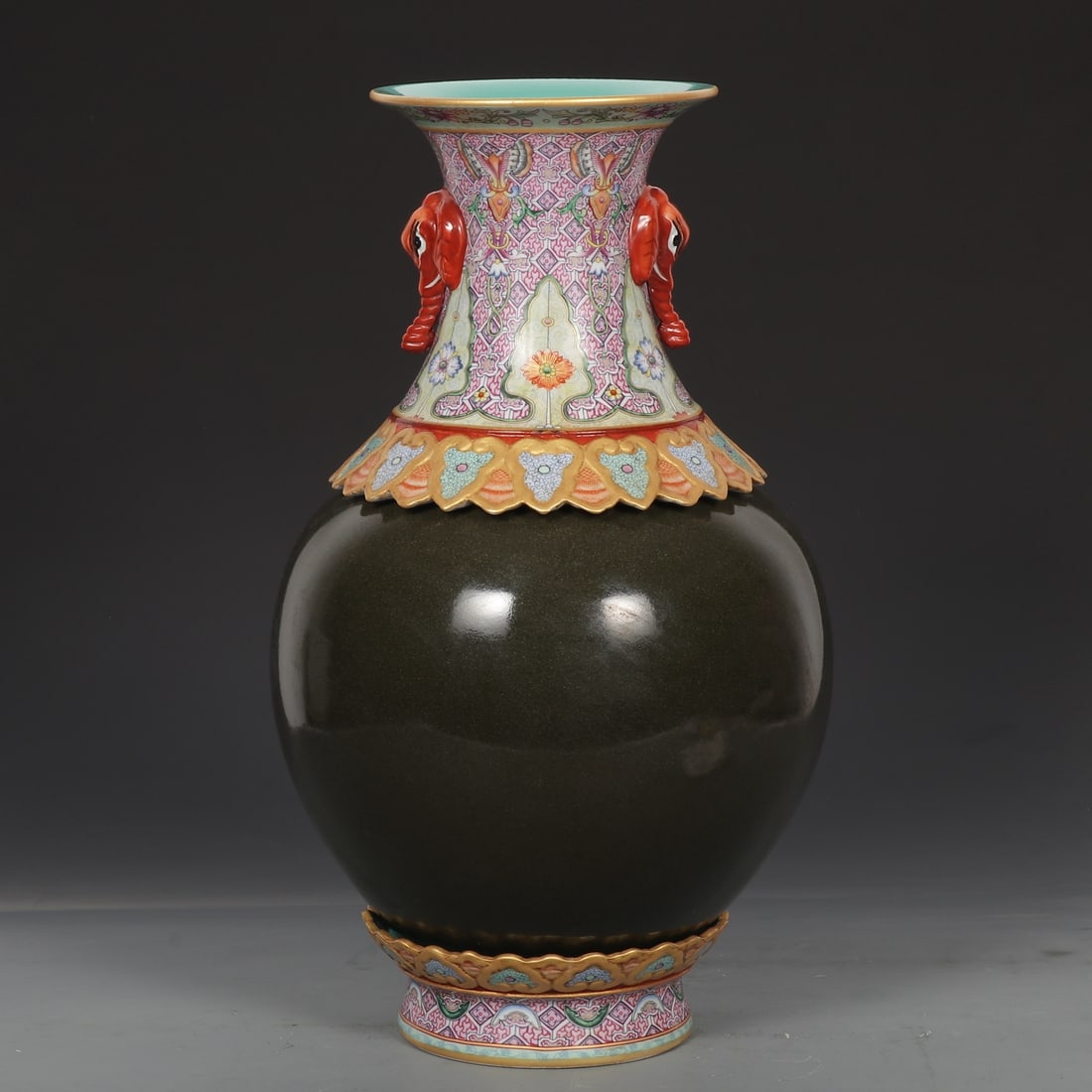 An Exquisite Enamel Flower Pattern Elephant-Ears Vase: An Exquisite Enamel Flower Pattern Elephant-Ears Vase,Qing Dynasty,China ,Qianlong Six-character Mark,Size:17.3inx8.3in 珐琅彩花卉纹象耳瓶,中