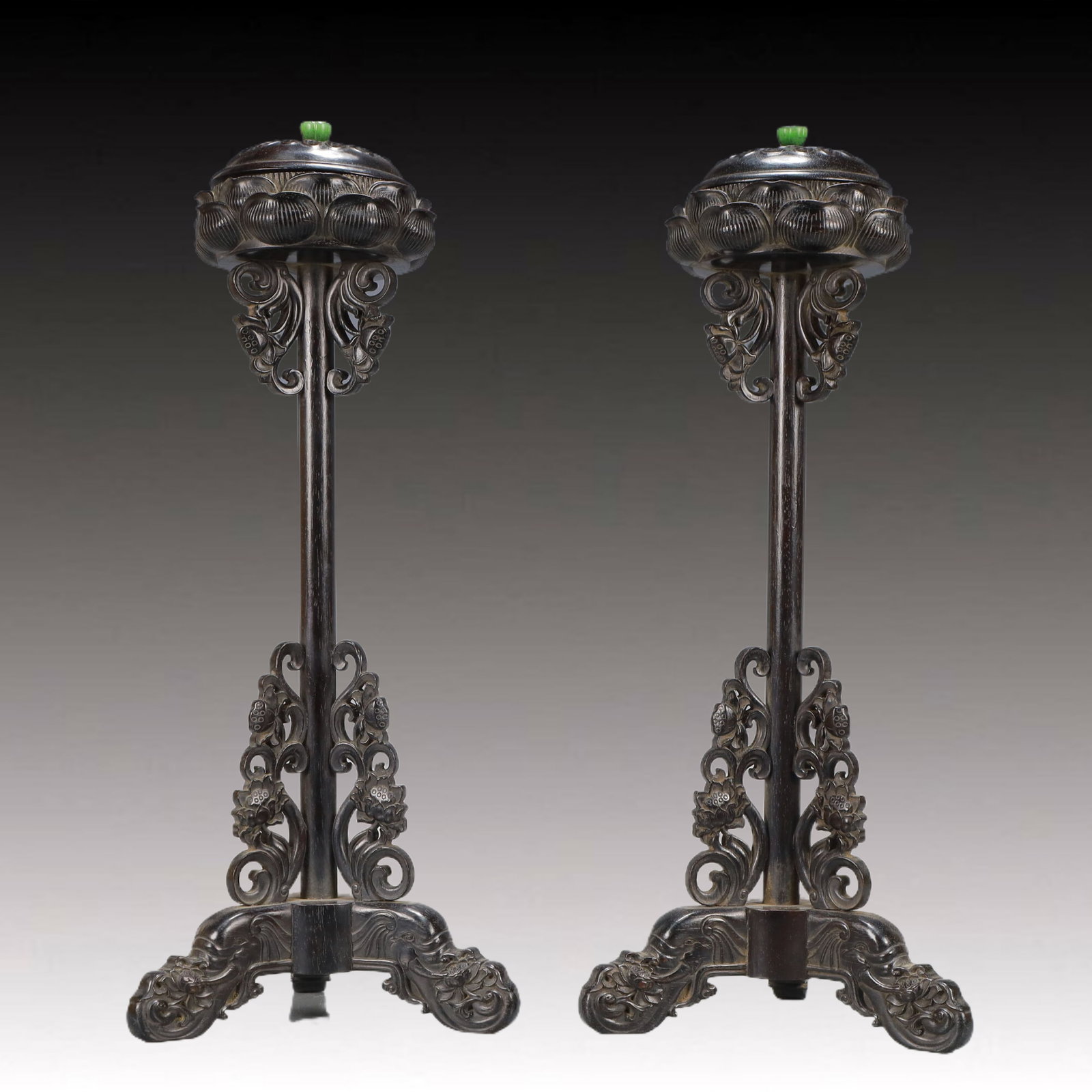 A Pair of Rare Zitanwood Lotus Pattern Elephant-legs Censers: A Pair of Rare Zitanwood Lotus Pattern Elephant-legs Censers,Qing Dynasty, China,Size:5.9inx14.2in,Total Weight:850g 一对紫檀木莲花纹象足