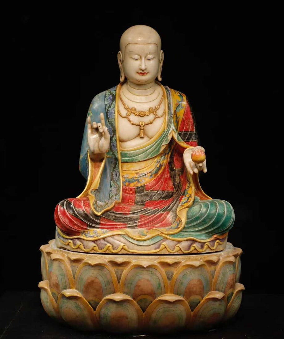 A Solemn Marble Painted Color Statue of Kshitigarbha Bodhisattva (1 of 9)