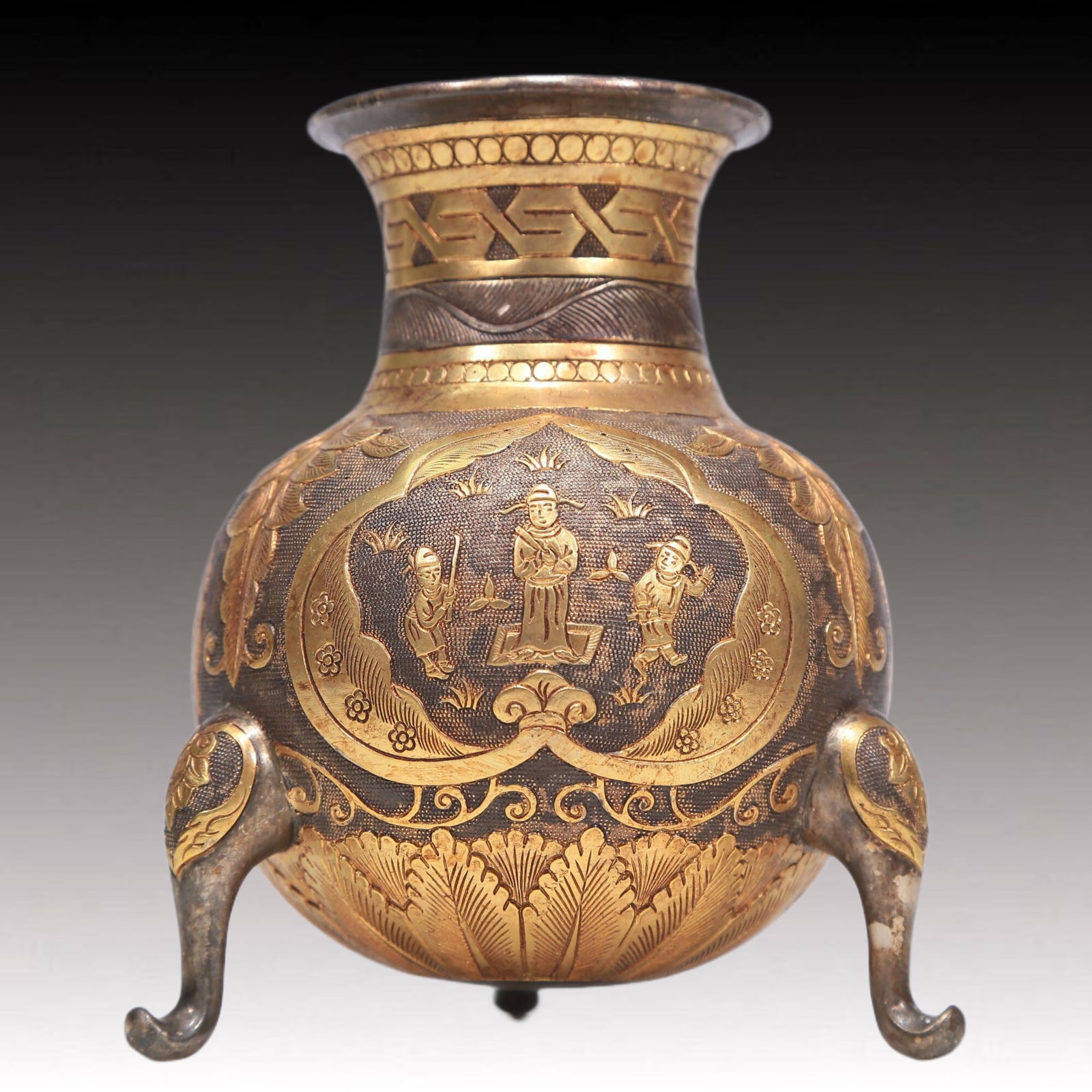 A Brilliant Gilt-Bronze Silver 'Figure& Flower' Tripod Vase (1 of 7)