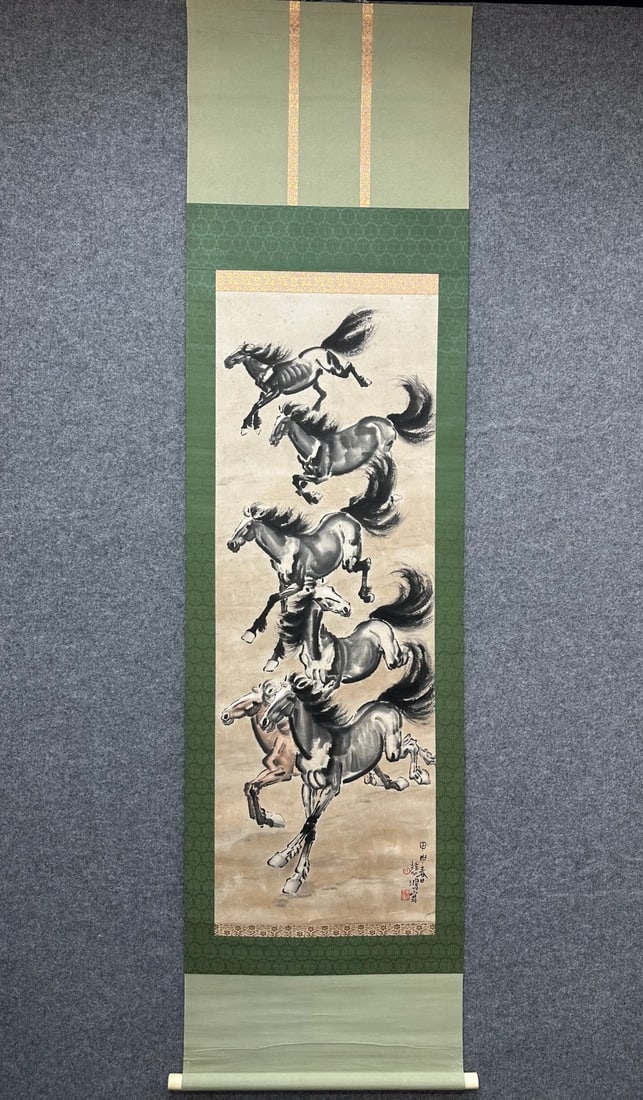A Chinese Vertical Scroll Ink Painting of Horse on Paper: A Chinese Vertical Scroll Ink Painting of Horse on Paper,Xu Beihong,Size:46.5inx16.1in 一幅中国水墨骏马画立轴,徐悲鸿