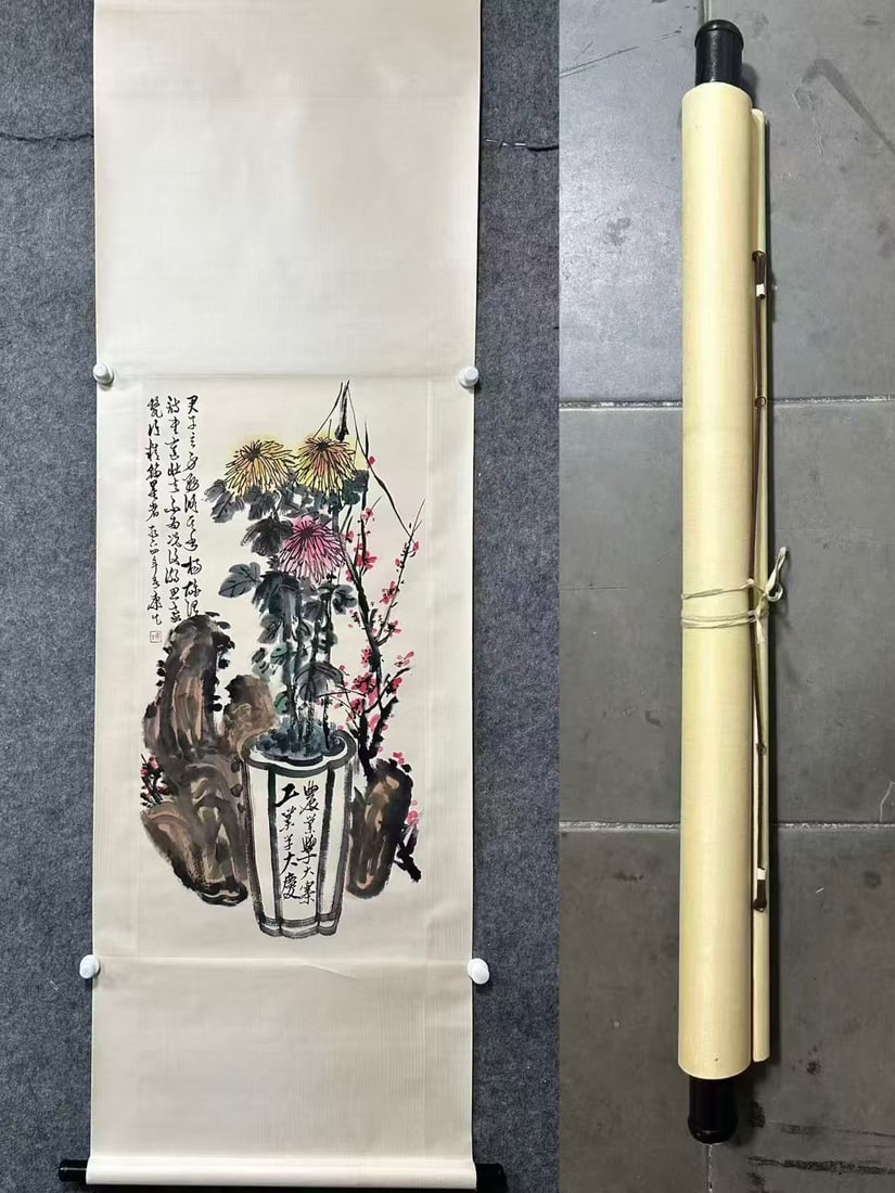 A Chinese Vertical Scroll Ink Painting of Flower on Paper: A Chinese Vertical Scroll Ink Painting of Flower on Paper,Kang Sheng,Size:19.3inx39in 一幅中国水墨花卉画立轴,康生