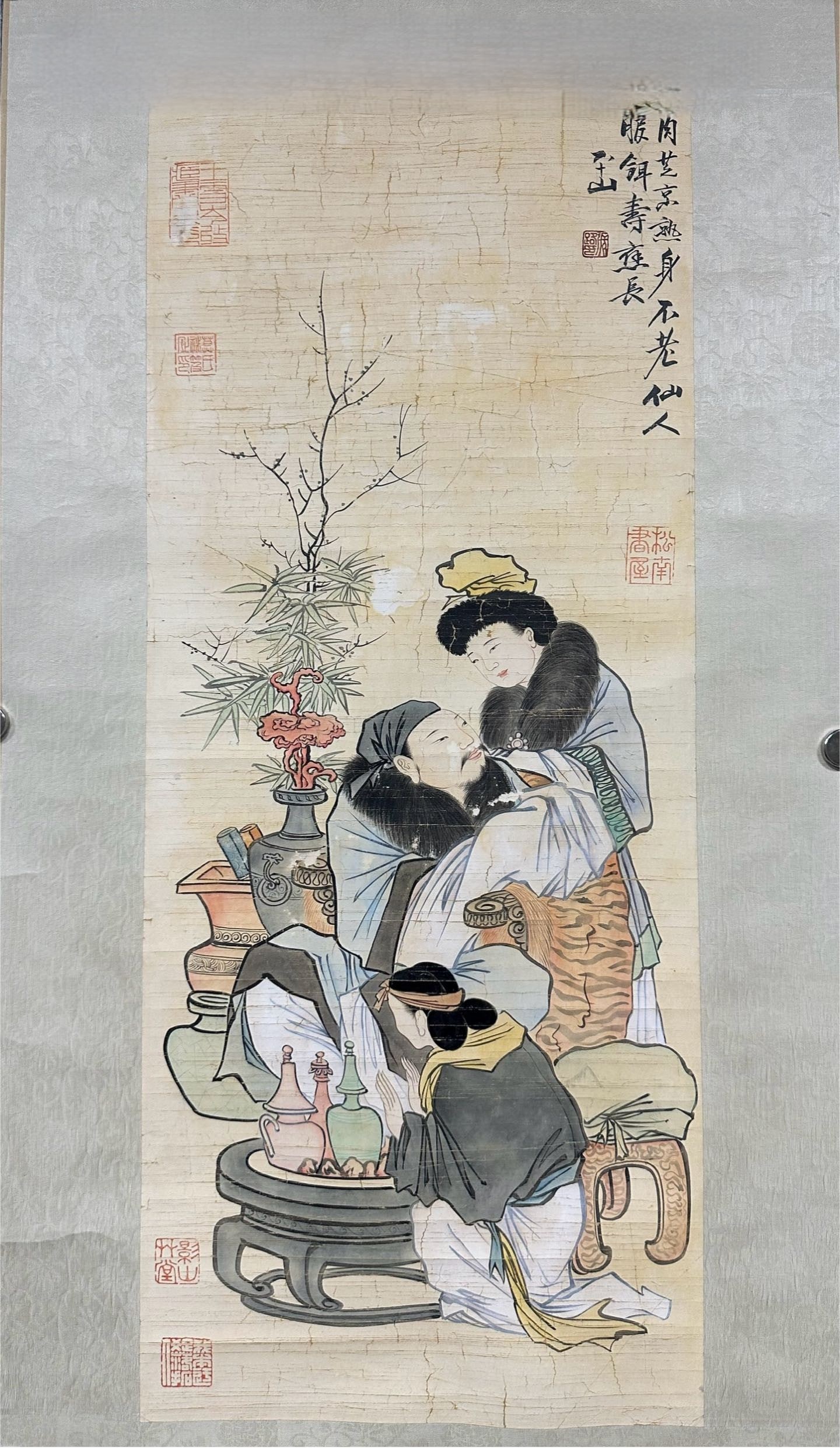 A Chinese Vertical Scroll Ink Painting of Figure and Story on Paper: A Chinese Vertical Scroll Ink Painting of Figure and Story on Paper,Zhang Lu,Size:26.8inx11in 一幅中国水墨人物故事画立轴,&