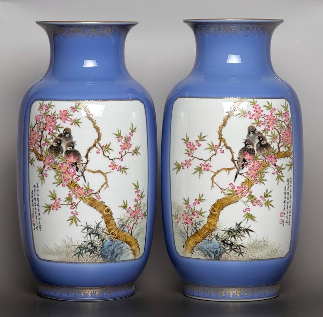 A Pair of Exquisite Famille-Rose Flower and Bird Pattern Vases,with poem: A Pair of Exquisite Famille-Rose Flower and Bird Pattern Vases,with poem,Qing Dynasty,China,With Mark,Size:17.1inx8.7in 