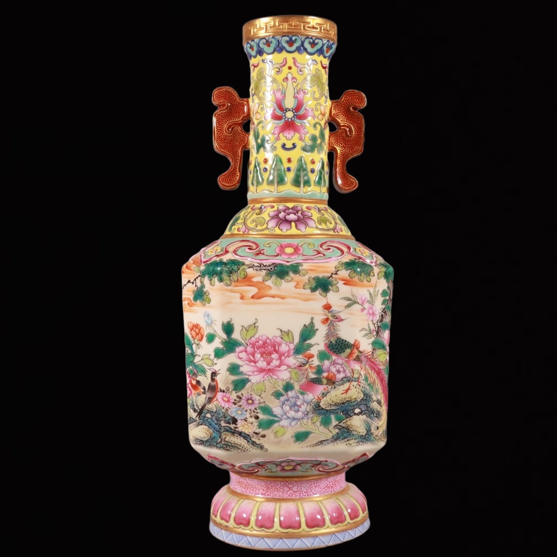 An Exquisite Enamel Yellow Ground Flower and Phoenix Pattern Double-Ears Vase: An Exquisite Enamel Yellow Ground Flower and Phoenix Pattern Double-Ears Vase,Qing Dynasty, China,Qianlong Six-character Mark,Size:9.8inx3.7in 珐琅彩黄地花卉&
