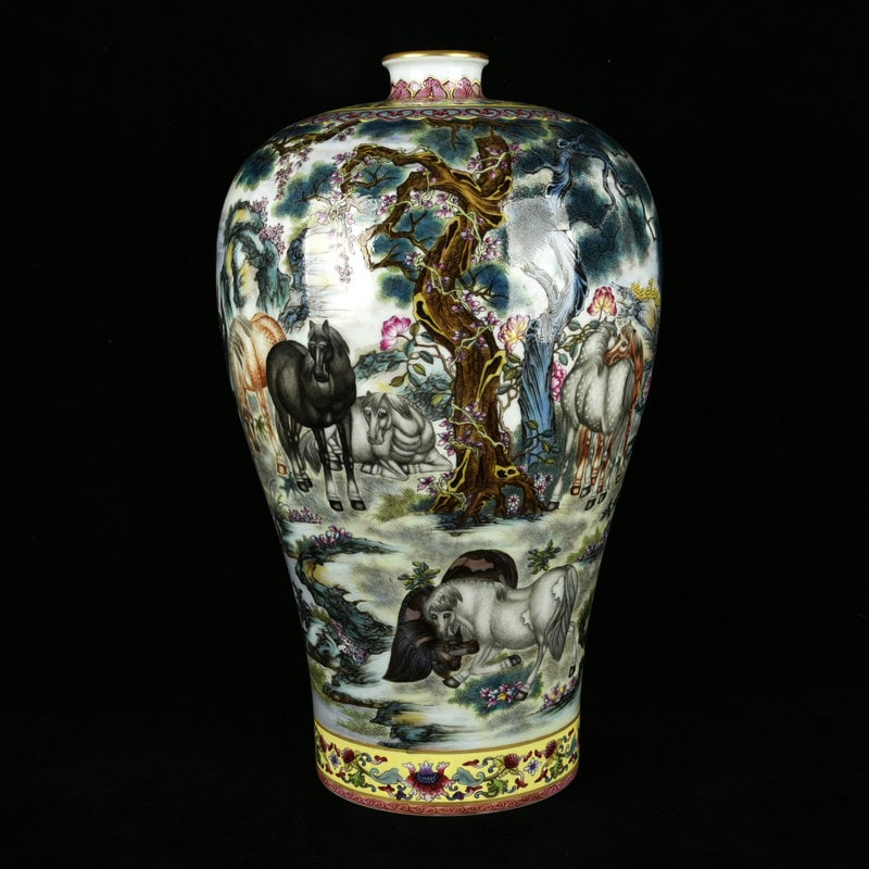 A Rare Enamel Painted Gold Pine and Horse Pattern Vase,with Poem: A Rare Enamel Painted Gold Pine and Horse Pattern Vase,with Poem,Qing Dynasty,China,Yongzheng Six-Character Mark,Size:15.4inx9.8in 珐琅彩描金松马纹ī