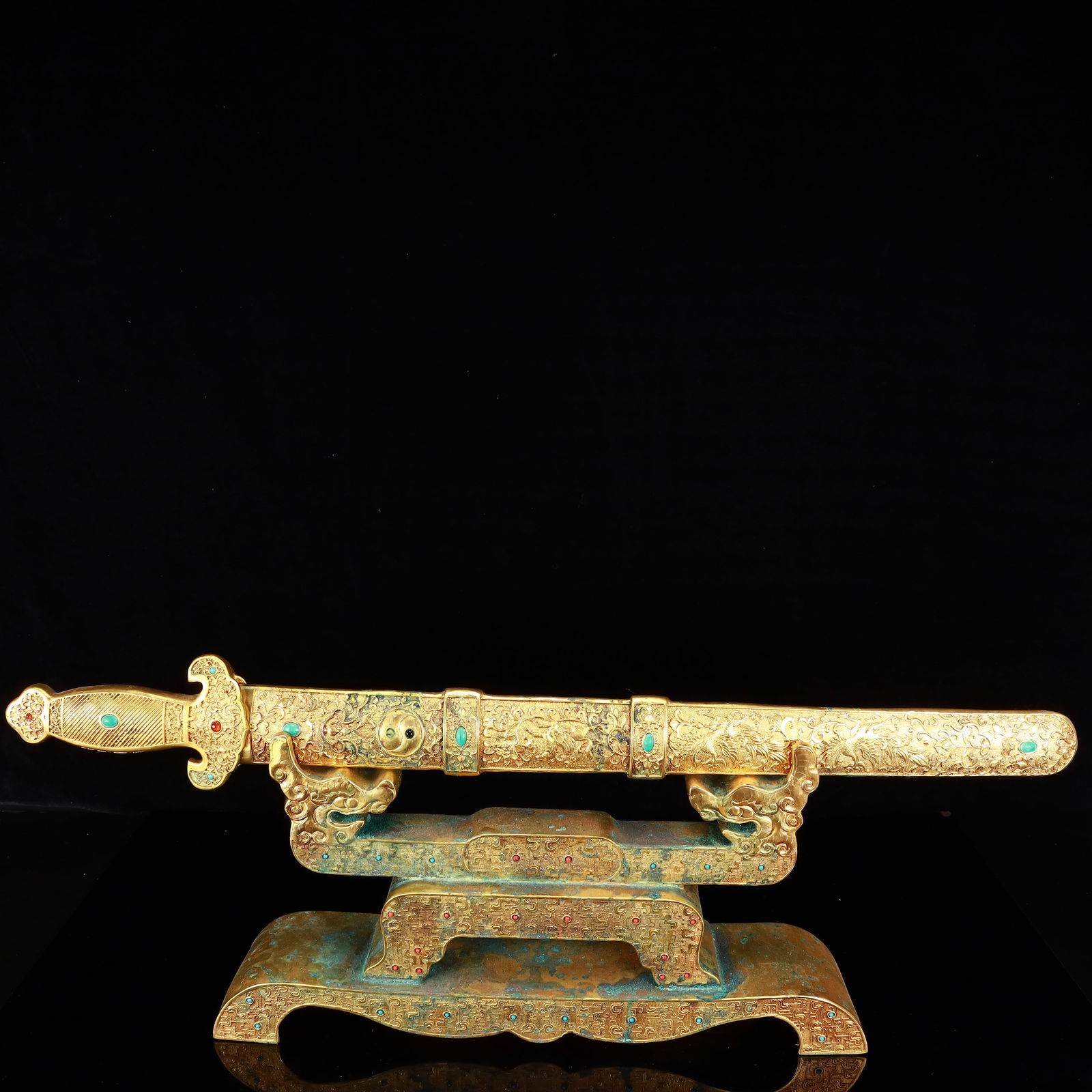 A Rare Gilt Bronze Phoenix Pattern Sword,Inlaid Gems,With Base: A Rare Gilt Bronze Phoenix Pattern Sword,Inlaid Gems,With Base,The Warring States period in China,Size:28.3inx3.5inx9.8in,Weight:5000g 