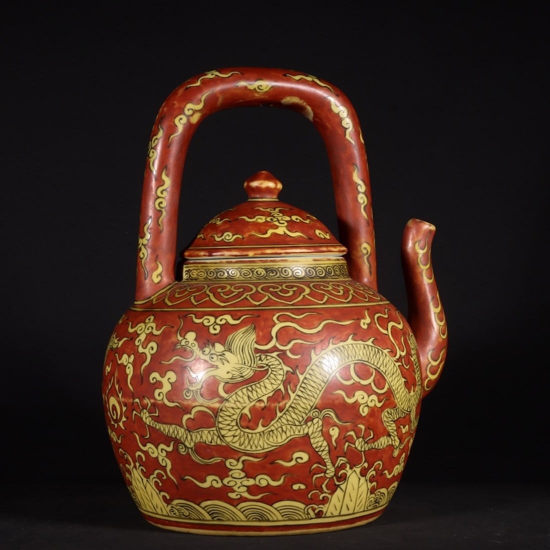 An Exquisite Red Ground Yellow Glazed Dragon Pattern Loop-handled Pot - 5