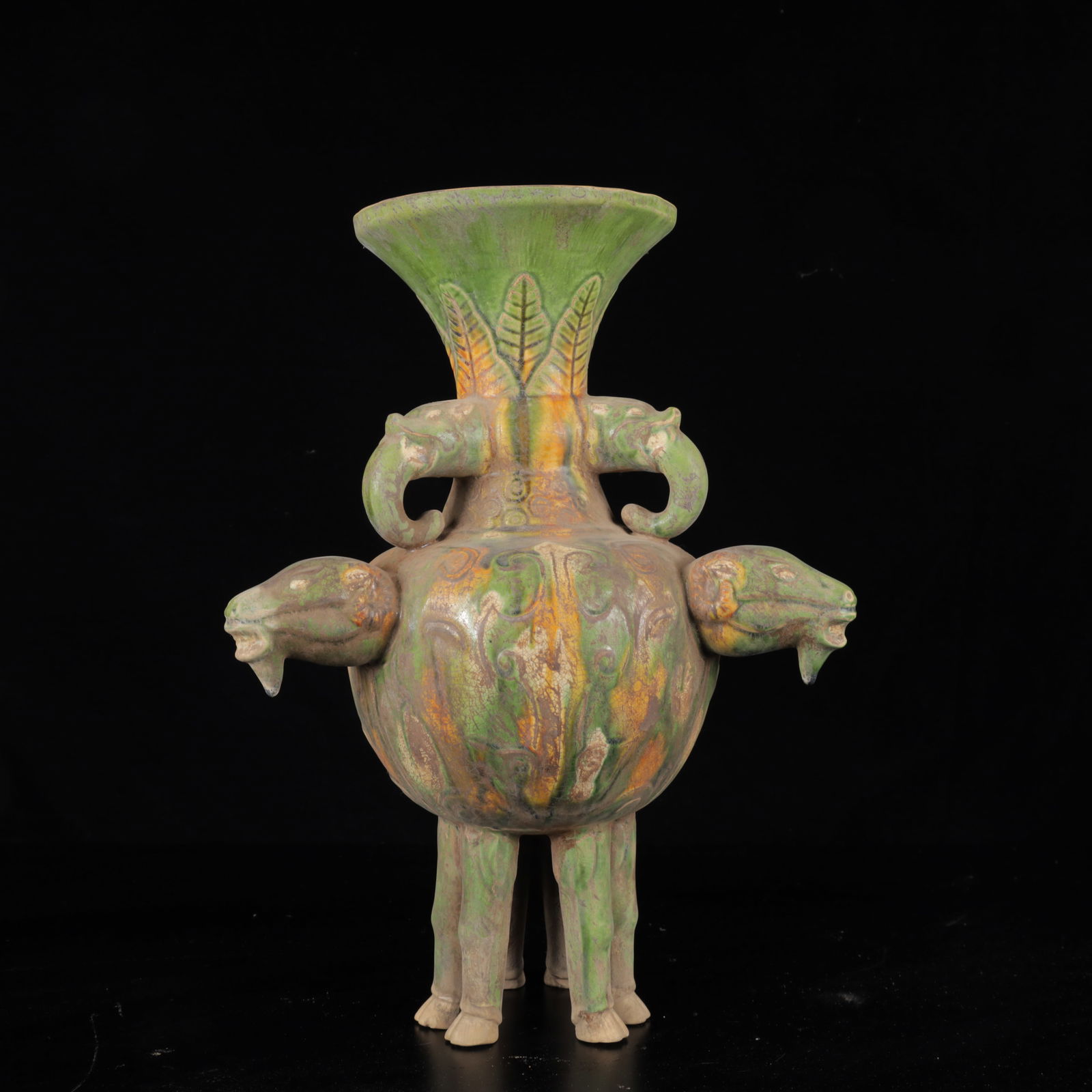 An Exquisite Tang Tri-Color Glazed Pottery three-eared Auspicious Beast Vase: An Exquisite Tang Tri-Color Glazed Pottery three-eared Auspicious Beast Vase,Tang Dynasty,China,Size:13inx8.7inx8.7in,Weight:1800g 