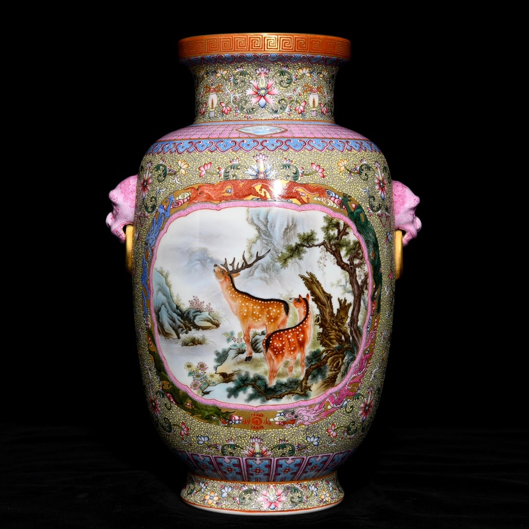 A Rare Famille-Rose Pine and Deer Pattern Beast-Ears Vase: A Rare Famille-Rose Pine and Deer Pattern Beast-Ears Vase,Qing Dynasty,China,Qianlong Six-Character Mark,Size:11.6inx6.7in 