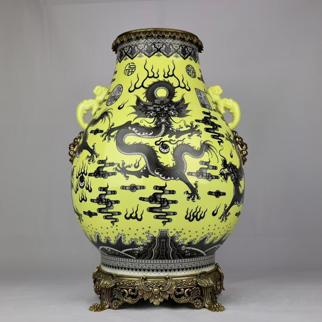 A Huge Yellow Ground Ink Color Auspicious Cloud and Dragon Pattern Double-Ears Vase: A Huge Yellow Ground Ink Color Auspicious Cloud and Dragon Pattern Double-Ears Vase,Qing Dynasty,China,Qianlong Six-Character Mark,Size:22.2inx14.6in 