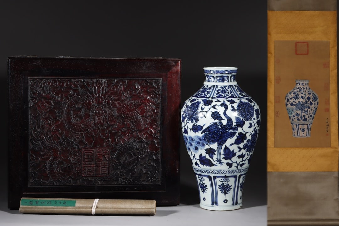 A Huge Blue and White Lotus and Peacock Pattern Vase,with Chinese Vertical Scroll Ink Painting on: A Huge Blue and White Lotus and Peacock Pattern Vase,with Chinese Vertical Scroll Ink Painting on Silk,Yuan Dynasty,China,Size:18.1inx9.6in,(Silk)24.4inx12.8in 