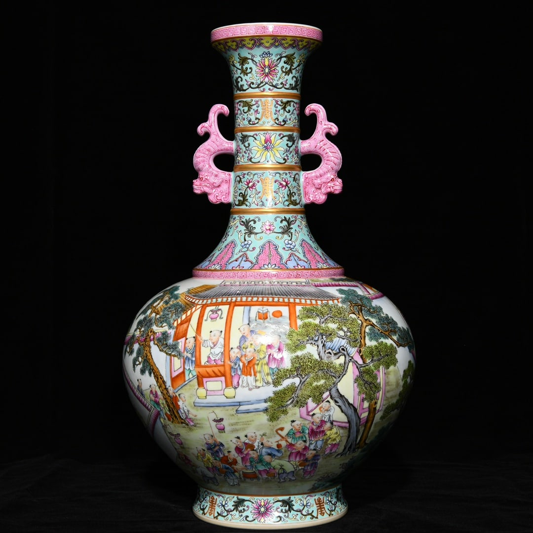 A Huge Famille-Rose Figure and Story Pattern Double-Ears Vase: A Huge Famille-Rose Figure and Story Pattern Double-Ears Vase,Qing Dynasty,China,Qianlong Six-Character Mark,Size:16.3inx10in 