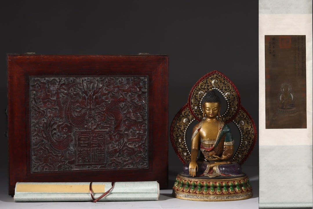A Solemn Bronze Painted Color Statue of Sakyamuni,with Chinese Vertical Scroll Ink Painting on Silk: A Solemn Bronze Painted Color Statue of Sakyamuni,with Chinese Vertical Scroll Ink Painting on Silk,Qing Dynasty,China,Size:(Ornament)13.6inx10in,(Painting)25.2inx11.2in 