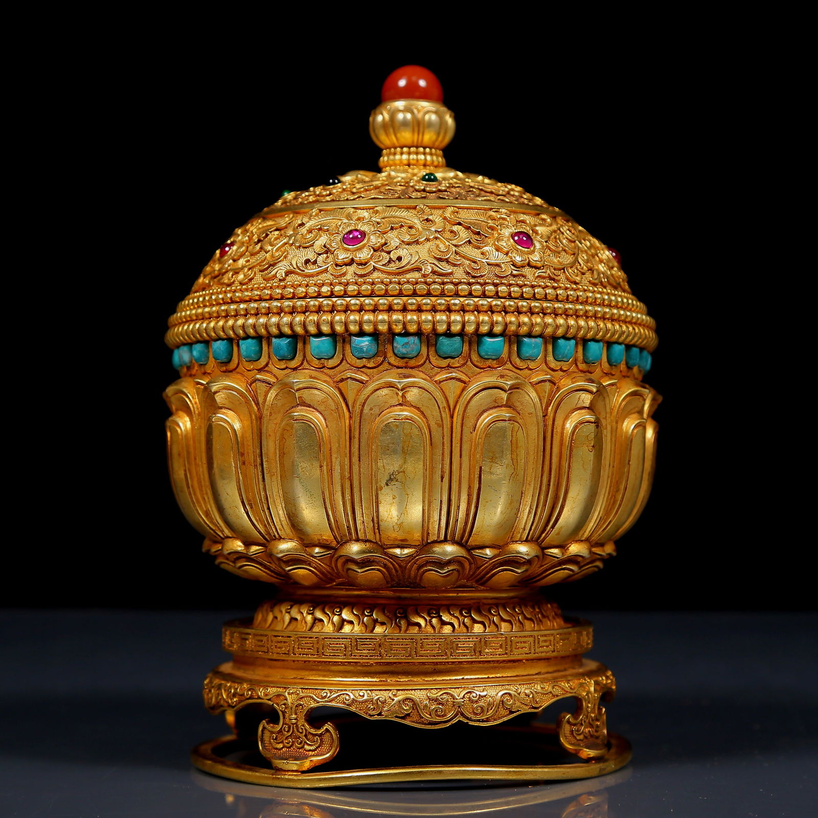 An Exquisite Gilt Bronze Carved Inlaid Turquoise Lotus Pattern Censer: An Exquisite Gilt Bronze Carved Inlaid Turquoise Lotus Pattern Censer，Qing Dynasty, China，Qianlong Four-character Mark，Size:4.7inx7.1in，Weight:1375g 