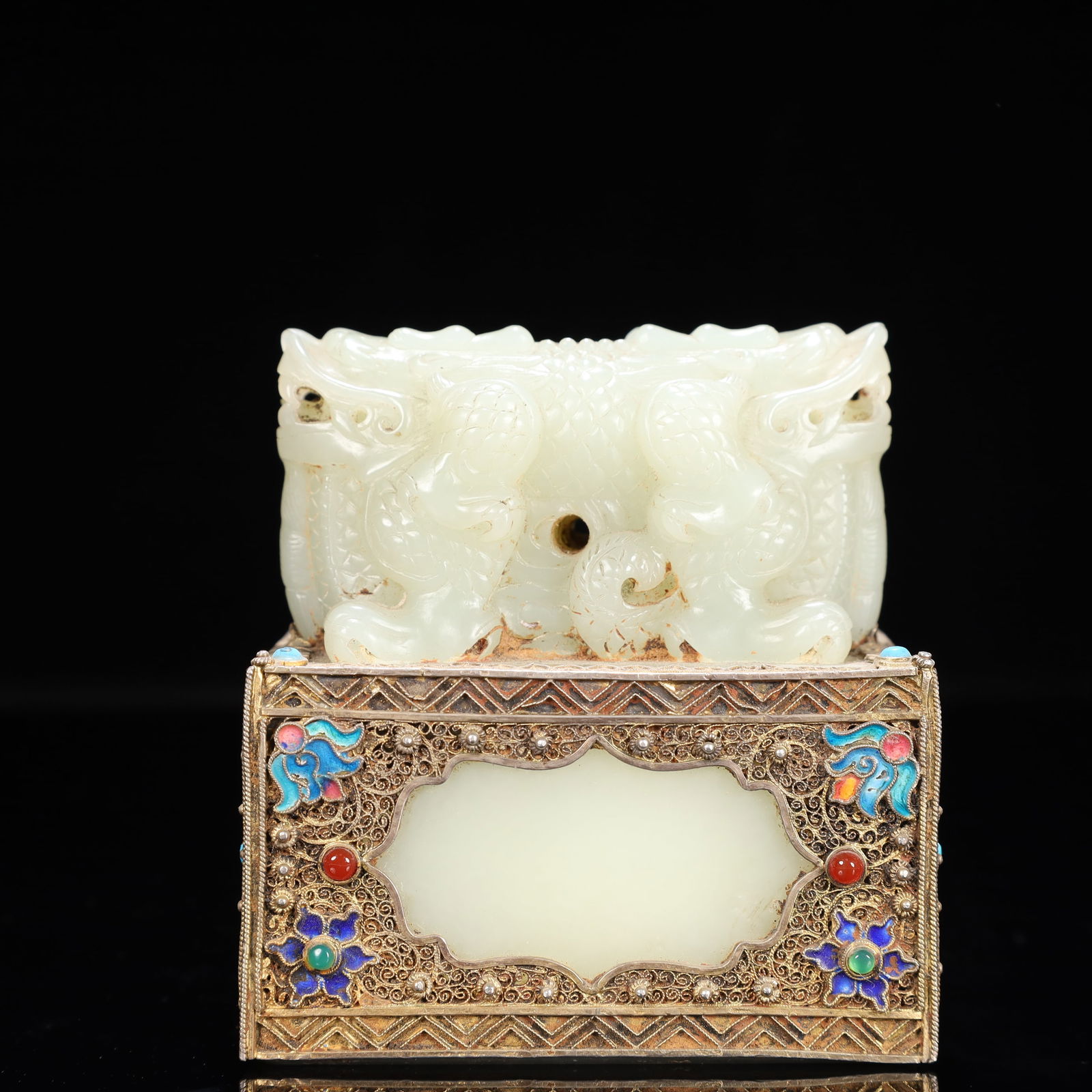 An Exquisite Flower silk gold-plated Inlaid White Jade Auspicious Beast Pattern Seal,Inlaid Gems (1 of 6)