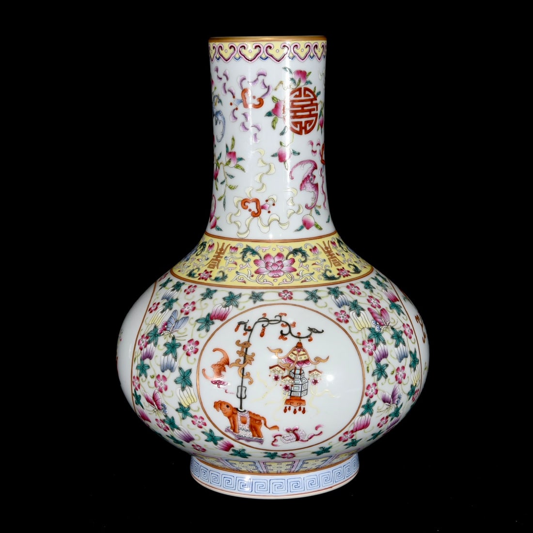 A Rare Famille-Rose Bats and Peach Pattern Vase: A Rare Famille-Rose Bats and Peach Pattern Vase,Qing Dynasty,China,Qianlong Six-Character Mark,Size:11.8inx8.7in 