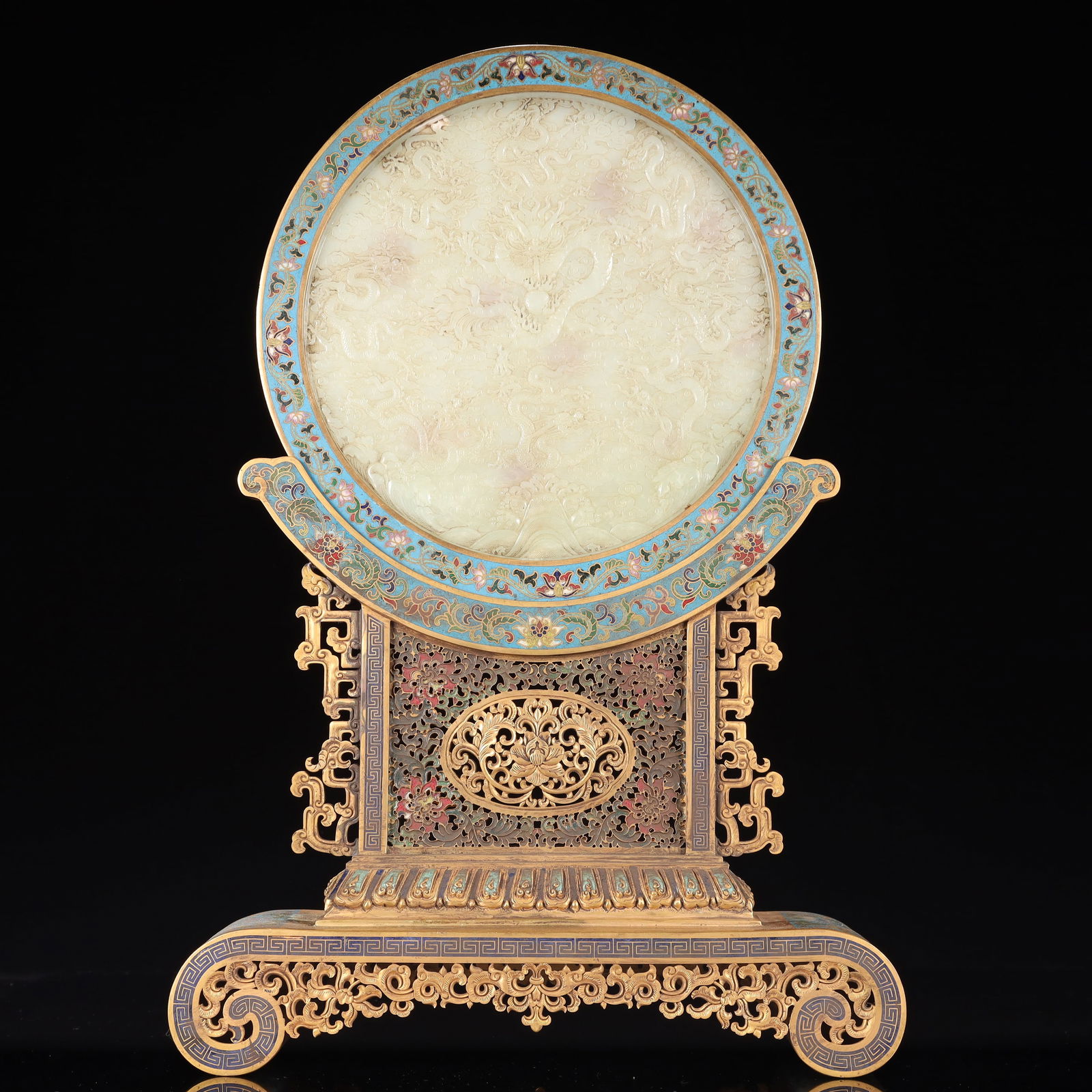 A Huge Cloisonne Inlaid White Jade Auspicious Cloud and Dragon Pattern Table Screen,With an Imperial: A Huge Cloisonne Inlaid White Jade Auspicious Cloud and Dragon Pattern Table Screen,With an Imperial Poem by Emperor Qianlong,Qing Dynasty, China,Qianlong Four-character