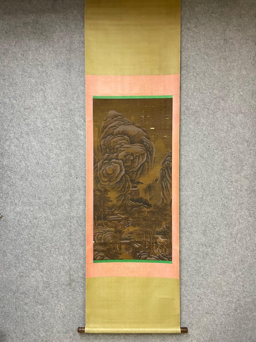 A Chinese Vertical Scroll Ink Painting of Landscape on Silk: A Chinese Vertical Scroll Ink Painting of Landscape on Silk,Guo Zhongshu,Size:21.3inx43.3in 