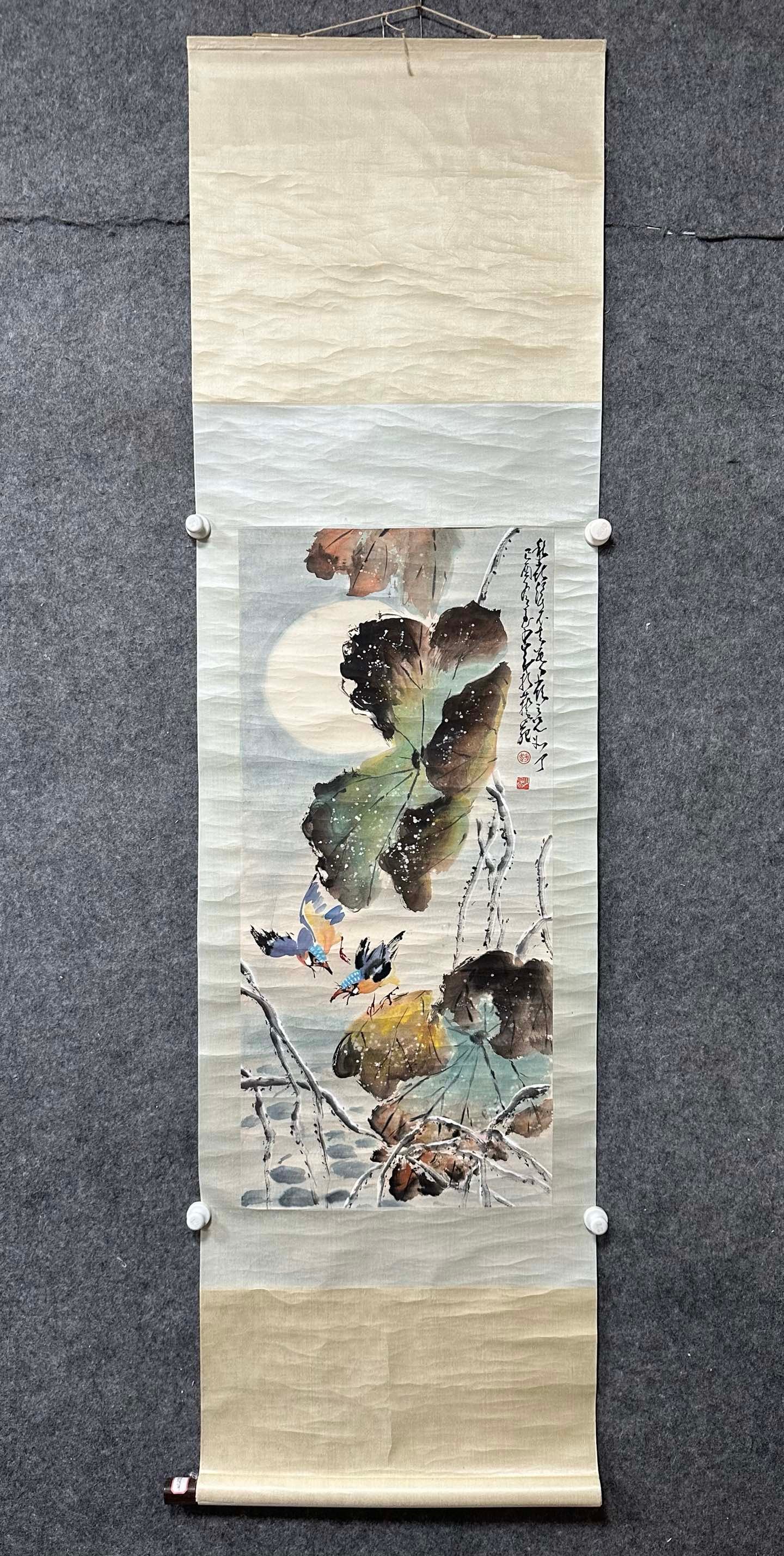 A Chinese Vertical Scroll Ink Painting of Flower and Bird on Paper: A Chinese Vertical Scroll Ink Painting of Flower and Bird on Paper,Zhao Shaoang,Size:17.3inx37.4in 