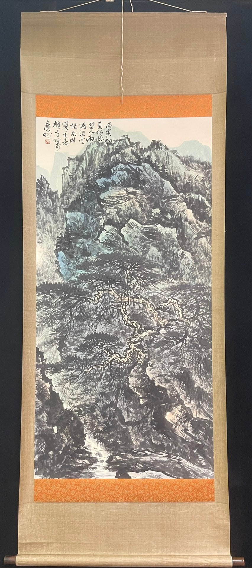 A Chinese Vertical Scroll Ink Painting of Landscape on Paper: A Chinese Vertical Scroll Ink Painting of Landscape on Paper,Li Xiongcai,Size:26.8inx53.9in 一幅中国水墨山水画立轴,黎雄