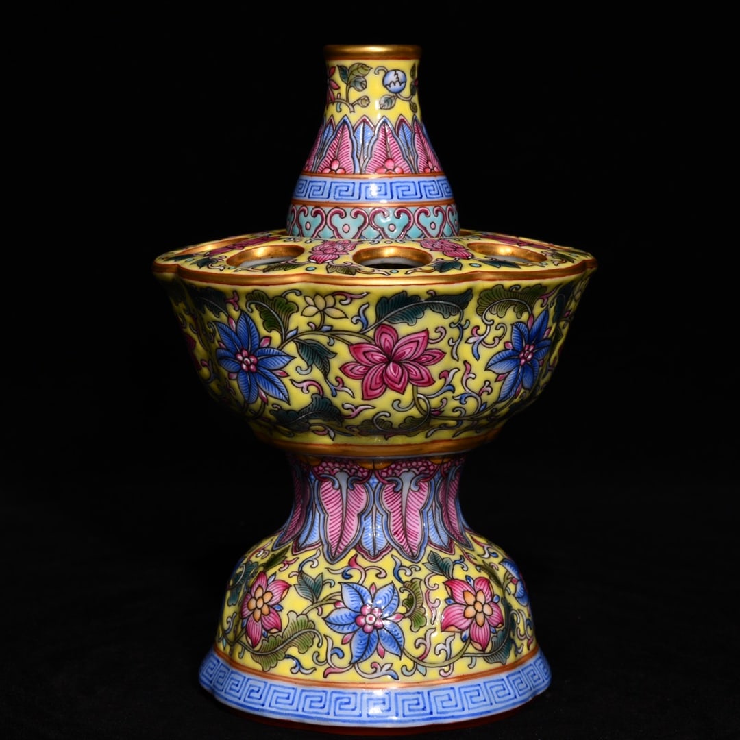 An Exquisite Yellow Ground Famille-Rose Painted Gold Flower Pattern Candlestick (1 of 9)