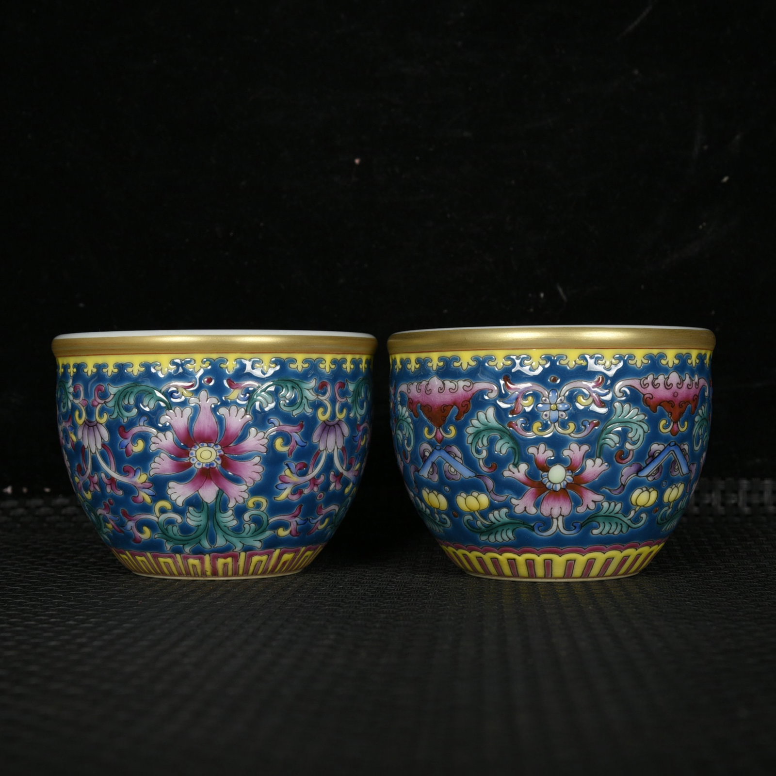 A Pair of Exquisite Green Ground Enamel Painted Gold Lotus Pattern Cups: A Pair of Exquisite Green Ground Enamel Painted Gold Lotus Pattern Cups,Qing Dynasty,China,Qianlong Four-Character Mark,Size:2.4inx3.2in 一对绿地珐琅彩描