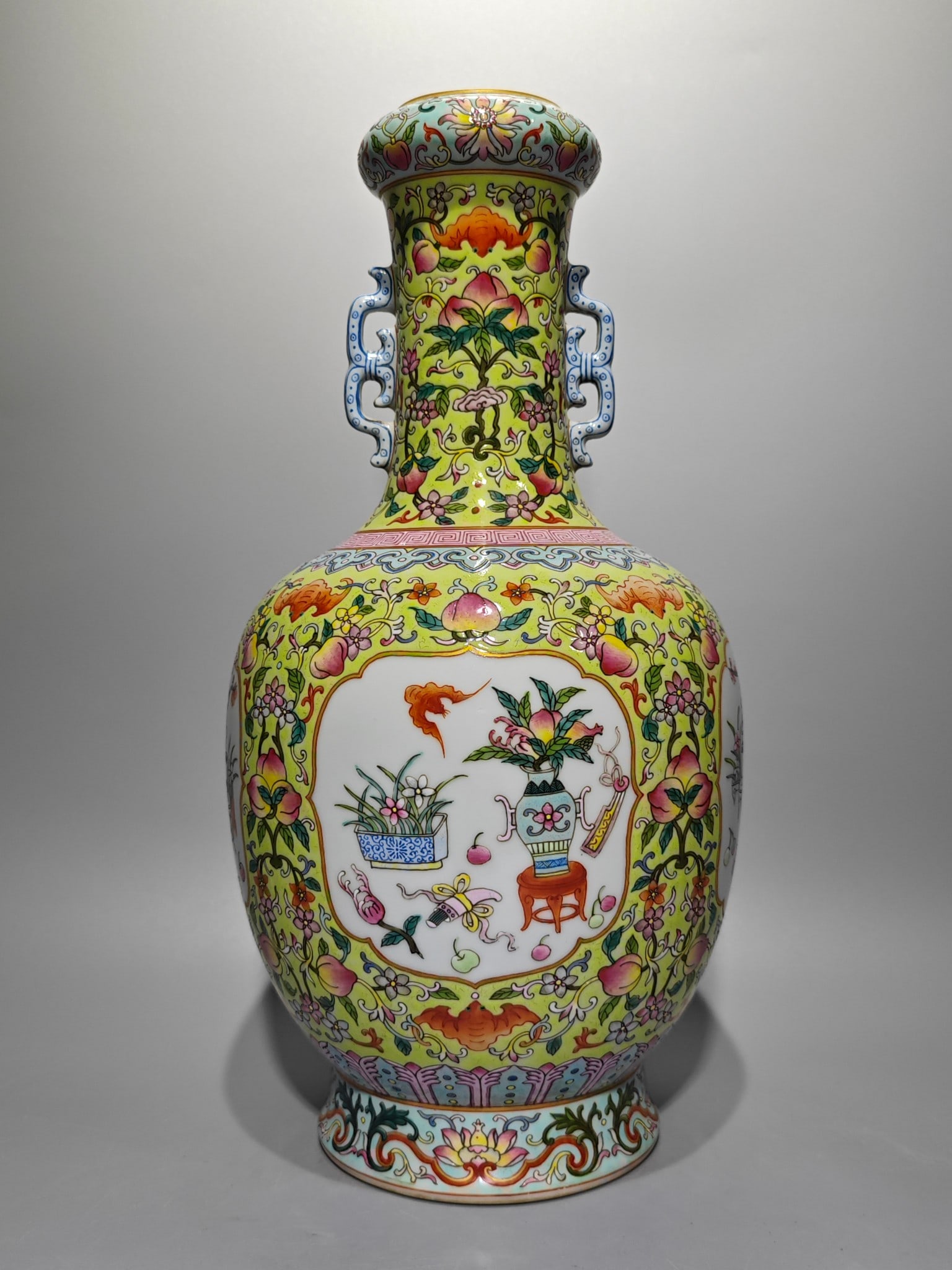An Exquisite Yellow Ground Famille-Rose Bats and Peach Pattern Double-Ears Vase (1 of 8)