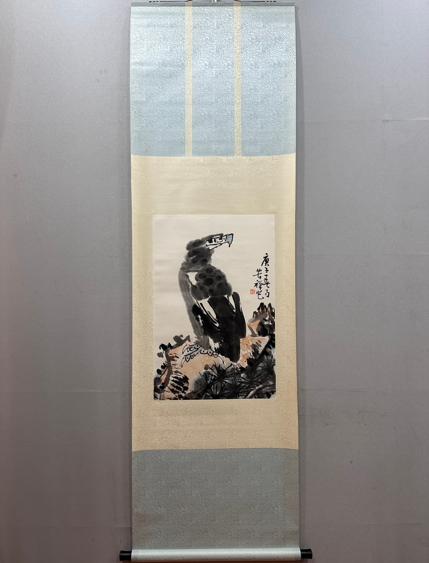 A Chinese Vertical Scroll Ink Painting of Pine and Eagle on Paper: A Chinese Vertical Scroll Ink Painting of Pine and Eagle on Paper,Li Kuchan,Size:18.1inx27.2in 一幅中国水墨松鹰画立轴,李苦