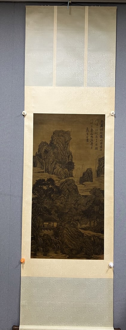 A Chinese Vertical Scroll Ink Painting of Landscape on Silk: A Chinese Vertical Scroll Ink Painting of Landscape on Silk,Tang Yin,Size:19.7inx41.3in 一幅中国水墨绢本山水画立轴,唐