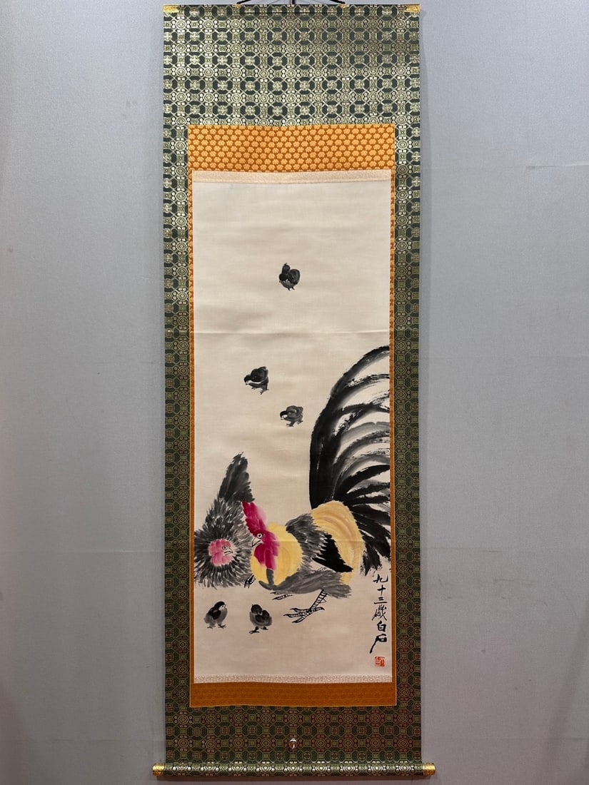 A Chinese Vertical Scroll Ink Painting of Rooster on Paper: A Chinese Vertical Scroll Ink Painting of Rooster on Paper,Qi Baishi,Size:20.5inx51.2in 