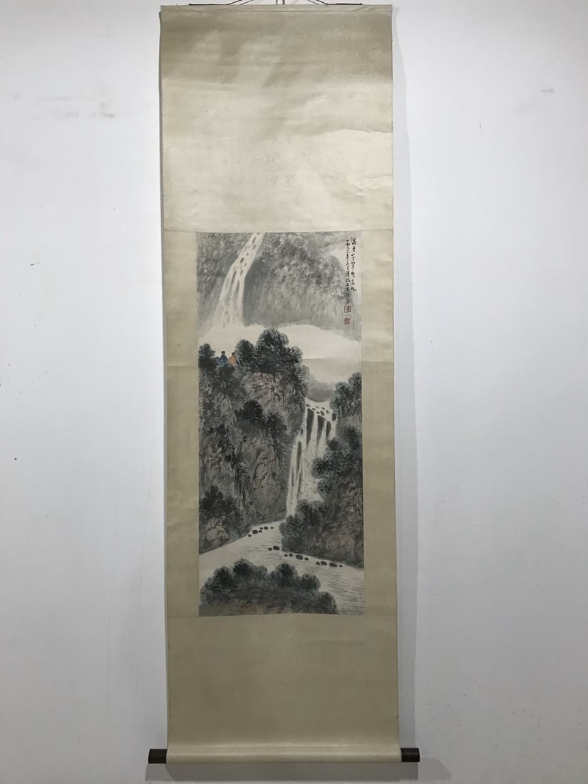 A Chinese Vertical Scroll Ink Painting of Landscape on Paper: A Chinese Vertical Scroll Ink Painting of Landscape on Paper,Fu Baoshi,Size:39inx16.5in 