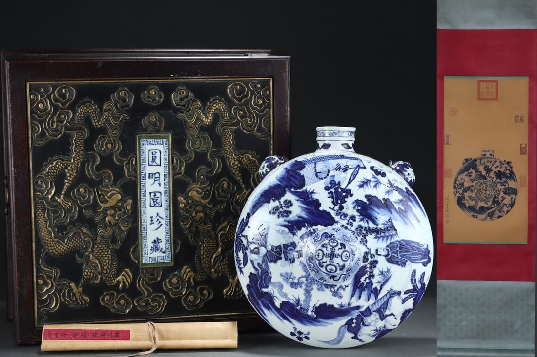 A Huge Blue and White Figure and Story Pattern Beast-Ears Pot,with Chinese Vertical Scroll Ink: A Huge Blue and White Figure and Story Pattern Beast-Ears Pot,with Chinese Vertical Scroll Ink Painting on Silk,Yuan Dynasty,China,Size:(Without Frame)24.4inx12.6in,(Porcelain)16.9inx15.2in 