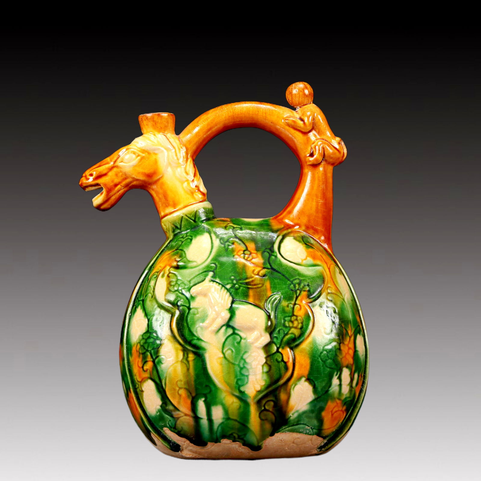 A Rare Tang Tri-Color Glazed Pottery Horse Head Ewer (1 of 11)