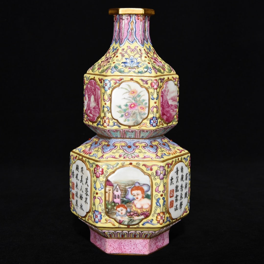 An Exquisite Enamel Figure and Story Pattern Gourd-Shaped Vase,with Poem: An Exquisite Enamel Figure and Story Pattern Gourd-Shaped Vase,with Poem,Qing Dynasty,China,Qianlong Four-Character Mark,Size:6.9inx3.3in 